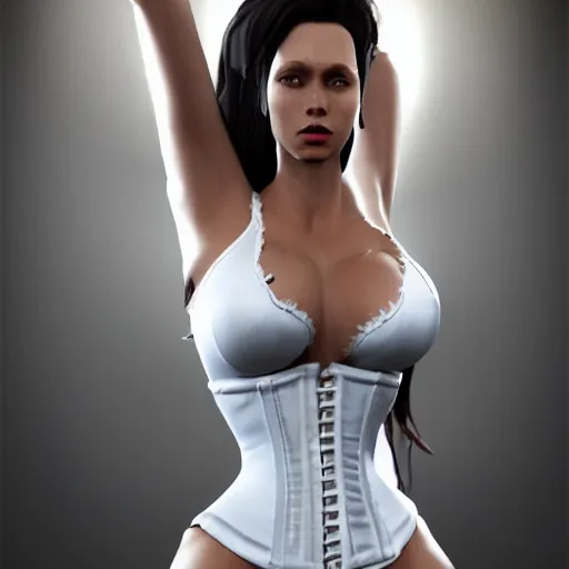 Image similar to apex's loba!!!, wearing white corset top, portrait, photorealistic, unreal engine 5, ray tracing, natural shaders