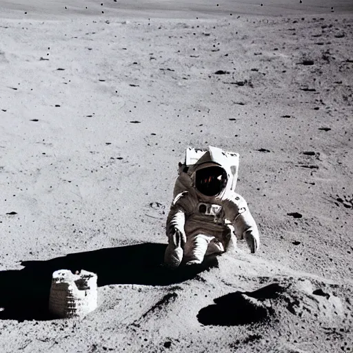 Prompt: photo of astronaut building a sand castle on the moon, sitting down, 3 5 mm, full - hd