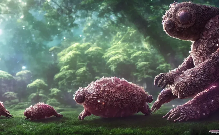 Image similar to microscopic tardigrades, magical forest, water bear, robots, concept art, intricate details, highly detailed, photorealistic, disney pixar, octane render, iridescent, anime, 8 k