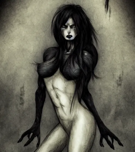 Image similar to werewolf girl in a dark bedroom, anthro, fierce, creepy