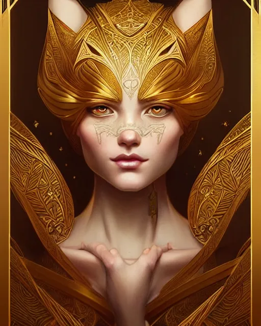 Image similar to Beautiful and playful ethereal ginger portrait, art deco, fantasy, intricate art deco golden designs, elegant, highly detailed, sharp focus, art by Artgerm and Greg Rutkowski and WLOP