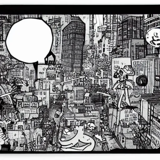 Prompt: monster destroying city by bill waterson