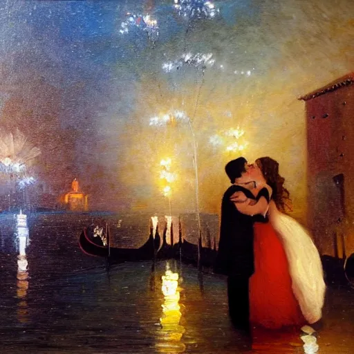 Image similar to an oil painting of couple kissing, in a background fireworks in venice