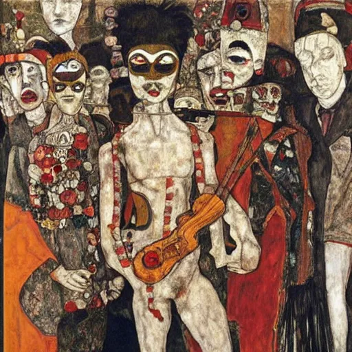 Image similar to carnival masks in narrow crowded streets of Rome, by Egon Schiele