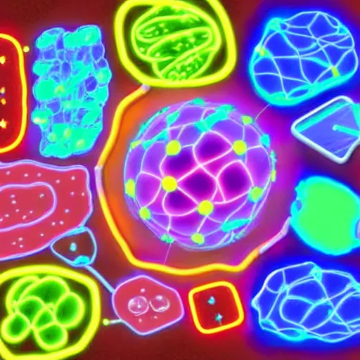 Image similar to 3d cells showing a cancer , neon lights on a science paper, cell journal, cell biology, nature journal, science