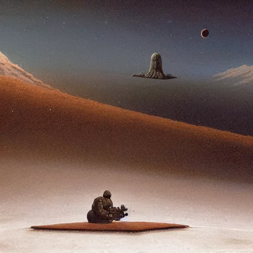 Image similar to detailed matte painting of a spacesuit laid on a small bed in a vast landscape, on a icy winter nightfall, by martin johnson heade and john howe and zdzislaw beksinski