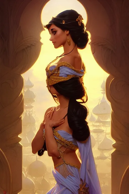 Image similar to Princess Jasmine, fantasy, intricate, elegant, highly detailed, digital painting, artstation, concept art, matte, sharp focus, illustration, art by Artgerm and Greg Rutkowski and Alphonse Mucha