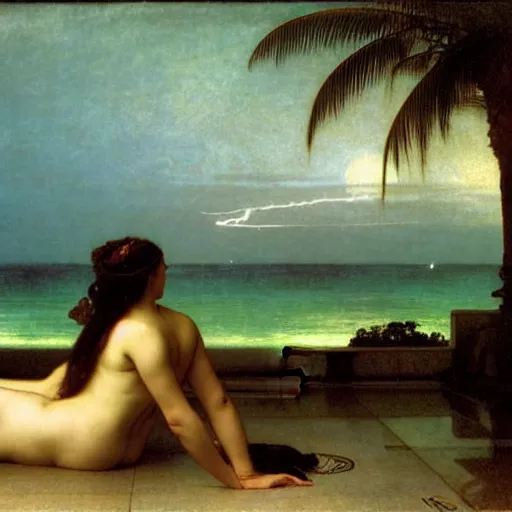 Image similar to Silhouette of two girls at the palace, thunderstorm, greek pool, beach and palm trees on the background major arcana sky, by paul delaroche, alphonse mucha and arnold böcklin arnold böcklin hyperrealistic 8k, very detailed