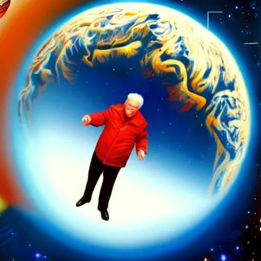 Image similar to yeltsin in outer space, behind him is a planet, space art in color