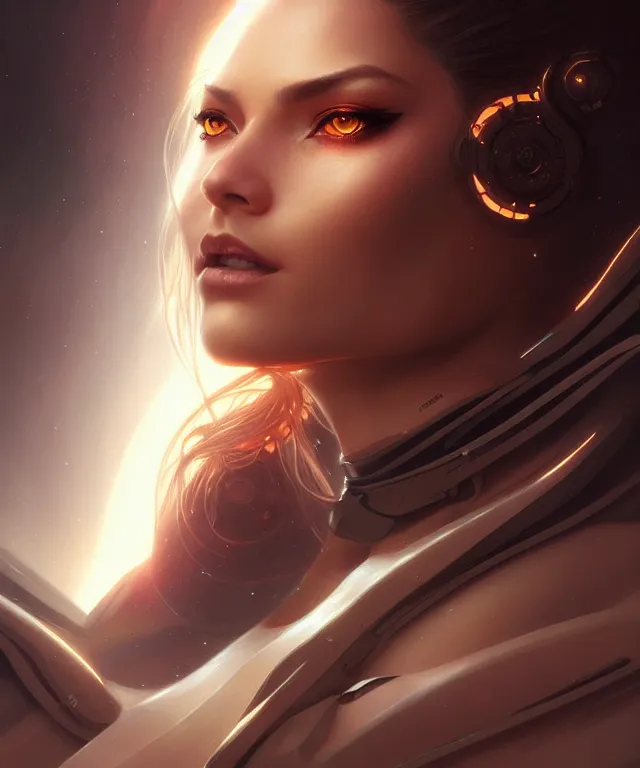 Image similar to futuristic woman portrait, sci-fi, amber eyes, face, long hair, fantasy, intricate, elegant, highly detailed, digital painting, artstation, concept art, smooth, sharp focus, illustration, art by artgerm and greg rutkowski and alphonse mucha