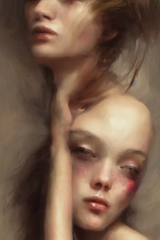 Image similar to girl portrait painting by ruan jia, Kenneth Willardt, ross tran, WLOP, Andrei Riabovitchev, gold, harper's bazaar, vogue, magazine, concept art, ornate, luxury, elite, elegant, trending on artstation ,