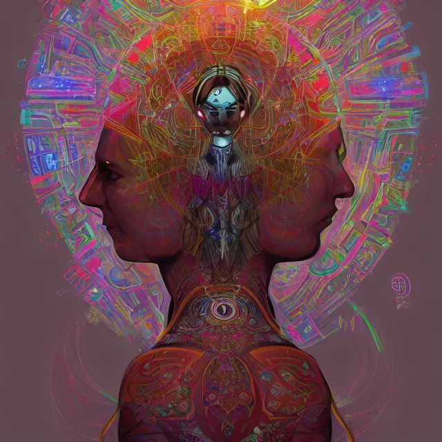 Image similar to one centered screen portrait of a future metaverse ayahuasca tech shaman warrior, 2 d cartoon, visionary art, symmetric, magick symbols, holy halo, shipibo patterns, sci - fi, concept art, trending on art station, 8 k digital art, by mandy jurgens, fantasy portrait art, anime