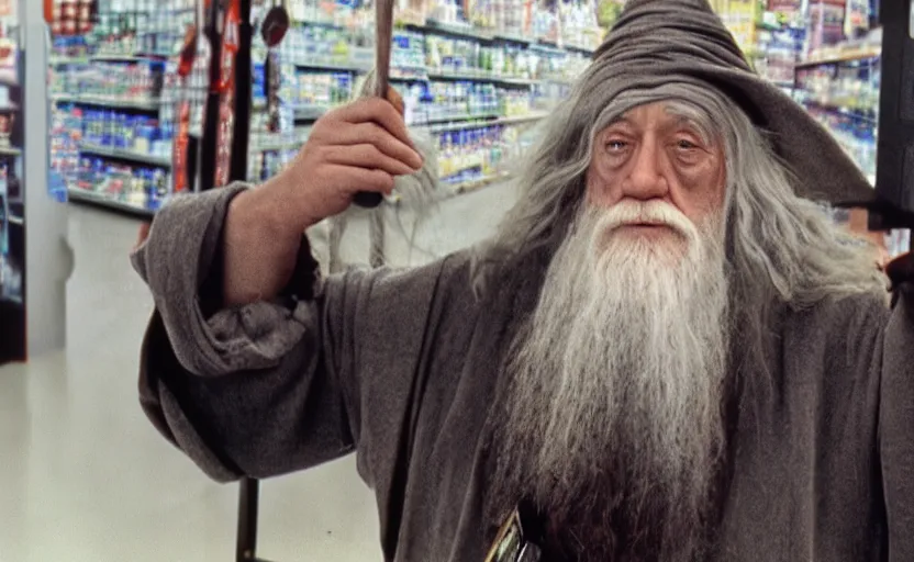 Prompt: security cam vhs footage of gandalf caught drunk stumbling around walmart,