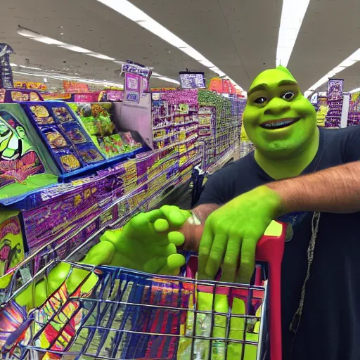 Prompt: shrek shopping at walmart