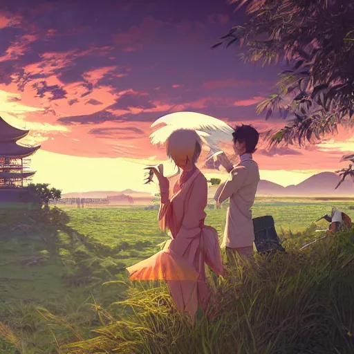 Prompt: in the green fields and snow mountains, egrets, chinese temple, sunset lighting, clouds,, bamboos, fine detail anime, cel - shaded by ilya kuvshinov, katsuhiro otomo, magali, artgerm, jeremy lipkin and michael garmash and rob rey