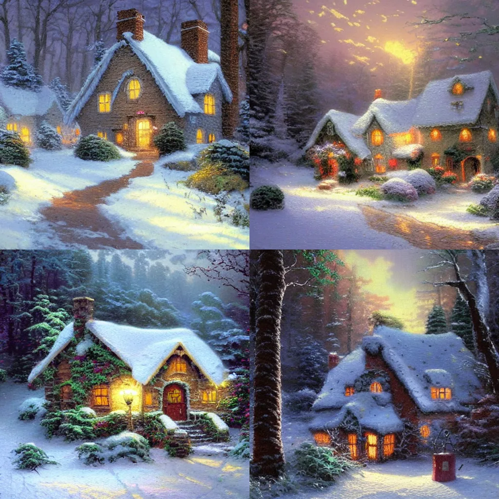 Prompt: thomas kinkade painting of a snowy gingebread house in the woods, dark, dreamy