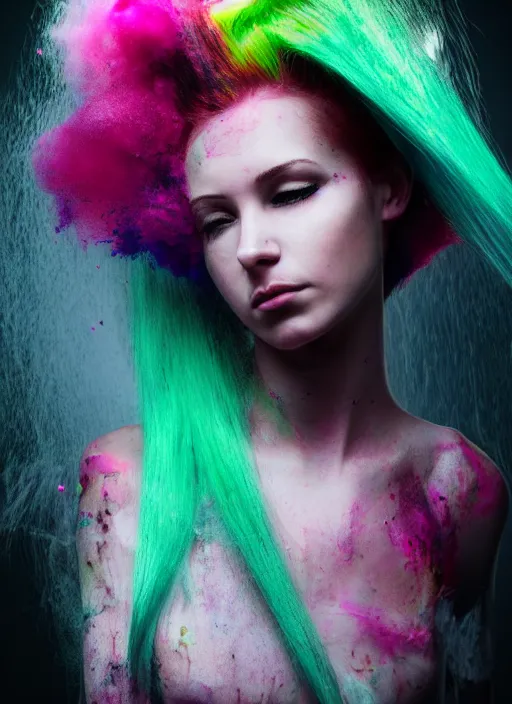 Image similar to a dramatic lighting photo of a beautiful young woman with cotton candy hair. paint splashes. moody, melanchonic. with a little bit of green and black