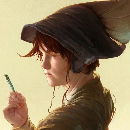 Image similar to a realistic wizard teenager wearing a wizard cap, sharp focus, illustration, art by artgerm and greg rutkowski and alphonse mucha