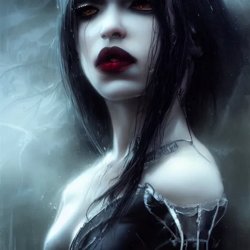 Prompt: aaliyah as a vampire, darkwave, darksynth, concept headshot art, sharp, digital matte painting, art by luis royo, greg rutkowski, wlop, dramatic lighting, trending on artstation