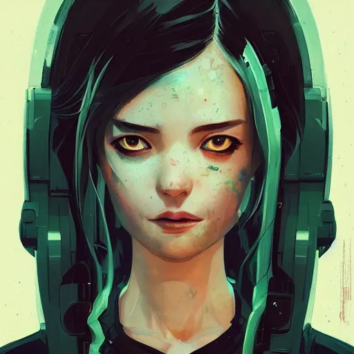 Prompt: Highly detailed portrait of a cyberpunk young lady with, freckles and wavy hair by Atey Ghailan, by Loish, by Bryan Lee O'Malley, by Cliff Chiang, by Greg Rutkowski, inspired by image comics, inspired by graphic novel cover art, inspired by nier!! Gradient color scheme ((grafitti tag metal spike wall background)), trending on artstation