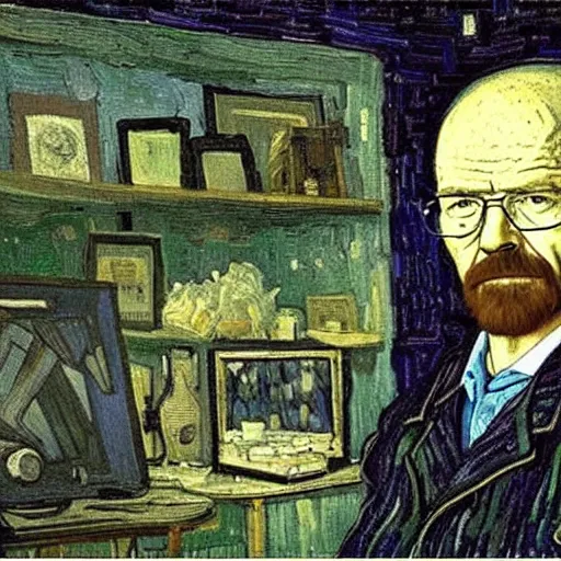 Prompt: walter white inside a van gogh painting