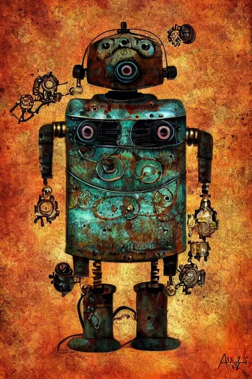 Prompt: robot pug, made of rusting metal parts, fairytale, magic realism, steampunk, mysterious, vivid colors, by andy kehoe, amanda clarke