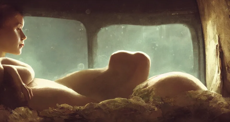 Image similar to a woman sleeping in a hibernation pod by norman rockwell, side view, in the style of blade runner, high tech, photoreal, dramatic lighting, unreal engine 5, octane rendering, ray tracing