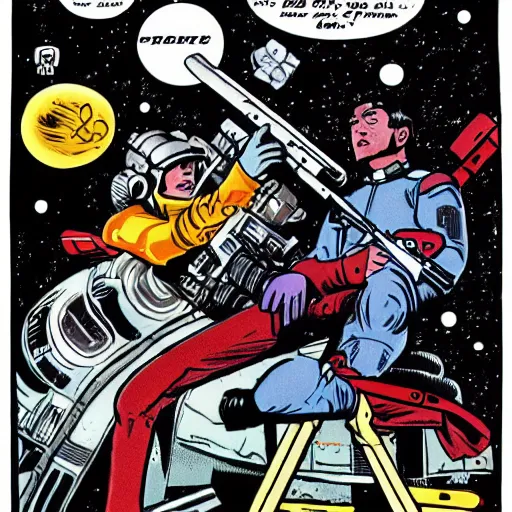 Prompt: space opera gunfight, in the style of wally wood, photorealistic