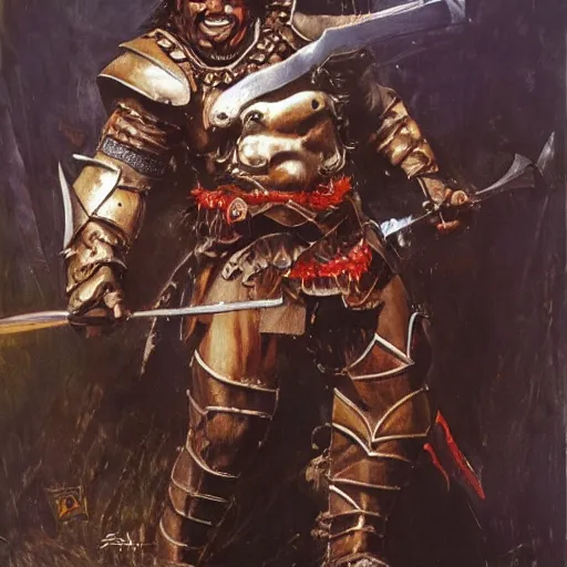 Image similar to portrait of danny devito wearing armor and holding sword by frank fazetta, fantasy, barbarian