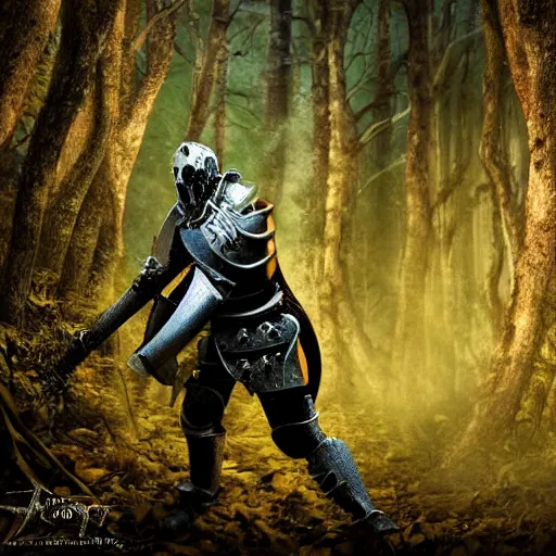 Image similar to a zombie knight in a scary forest, 8 k, shallow depth of field, 8 k, ultra high detail, concept art,