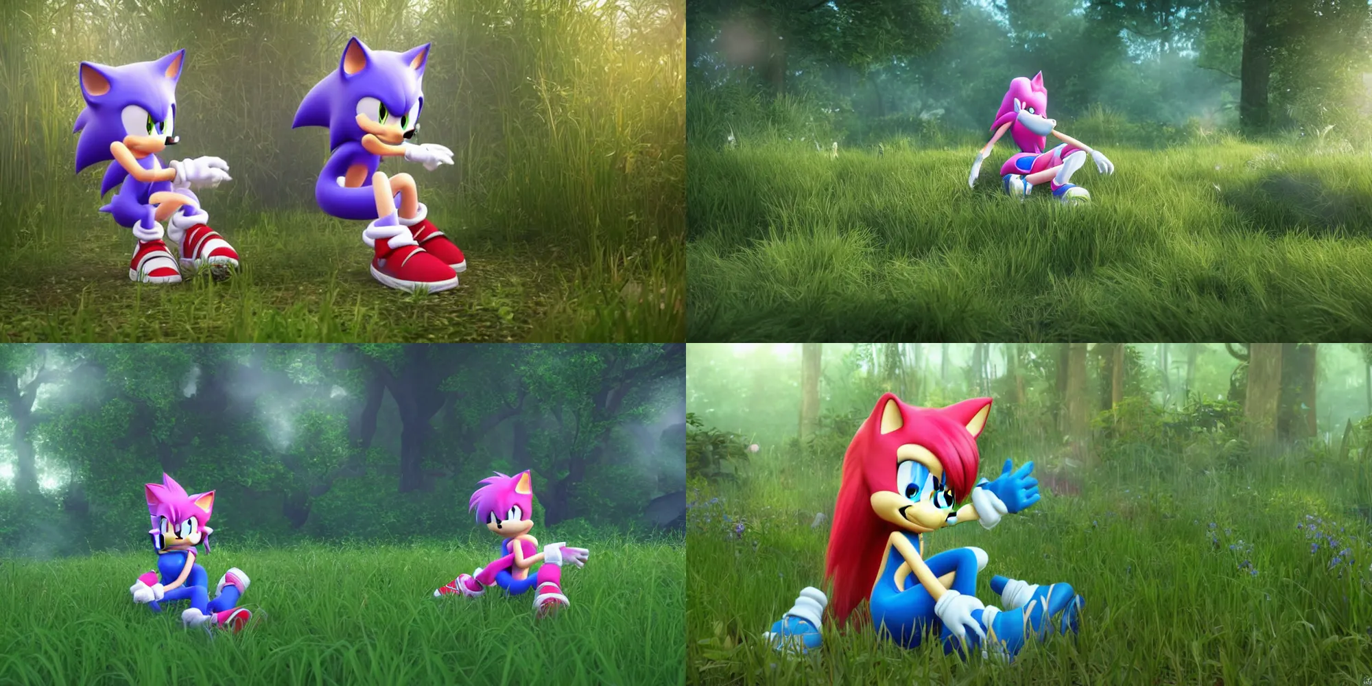 Prompt: Amy Rose from the Sonic Series sitting down in a casual pose with one knee raised up, looking off to the side, in tall grass in a fantastical cyan forest, arnold 3, volumetric lighting, unreal engine, overgrown vegetation