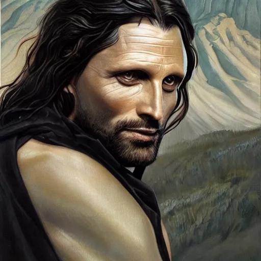 Prompt: an art deco painting of Aragorn, by Magali Villeneuve, trending on cgsociety