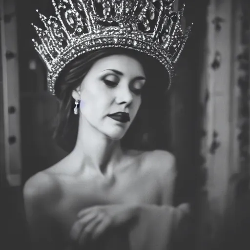 Prompt: lady with crown, in vintage room by Andrei Tarkovsky, analogue photo quality, monochrome, blur, unfocus, cinematic, 35mm