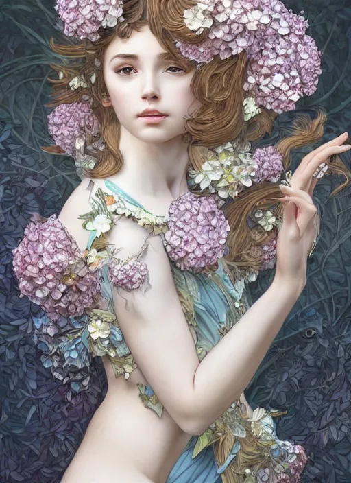 Image similar to a photographic portrait of a anthropomorphic hydrangea blossom, fantasy, wind blowing hair, intricate, elegant, highly detailed, digital painting, artstation, concept art, smooth, sharp focus, illustration, art by artgerm and h r giger and alphonse mucha