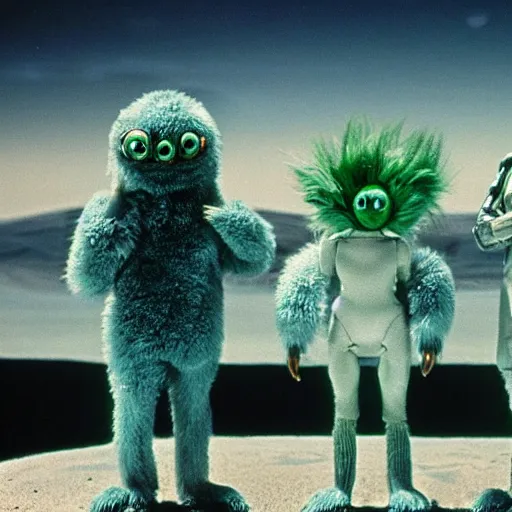 Prompt: 1 9 7 6 synthetic fur monsters with large eyes, standing on a martian landscape, cinematic movie scene, inspired by the movie the fifth element