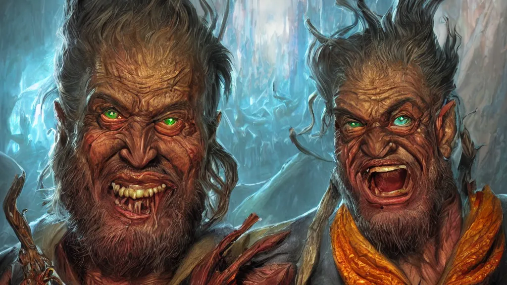 Image similar to bright, colorful, realistic, detailed from Elder Scrolls: Shivering isles concept art of The Mad God Sheogorath with a madsmile backlighting, kodachrome, high contrast, highly detailed, sharp focus, digital painting, concept art, illustration, trending on artstation, comic book by Alex Ross and Adam Adamowicz cover art