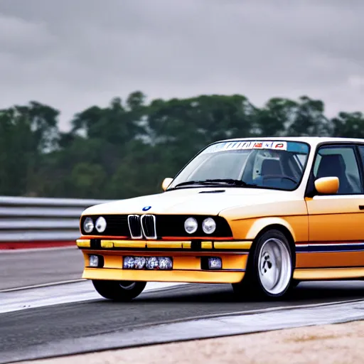 Prompt: a rolling shot of a modified bmw e 3 0 with lights on, on a street race track, motion blur, 3 5 mm photography, car photography, clean lines, realistic