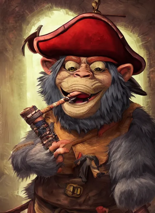 Prompt: studio ghibli pathfinder 2 e illustration of a pirate goblin mixed with a monkey smoking a cigar, character portrait, unreal engine, hyper realism, realistic shading, cinematic composition, realistic render, octane render, detailed textures, photorealistic, wide shot