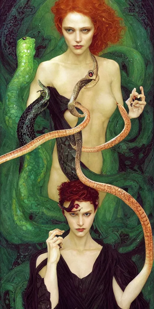 Image similar to epic masterpiece portrait of a dark redhead sorceress with a snake wand, followed by heads with many faces, beautiful face and flawless skin, perfect hands, emeralds by Edgar Maxence and Ross Tran and Michael Whelan