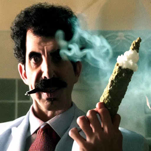 Prompt: Borat smoking a giant joint, 8k, smoke, hyper-detailed, cinematic