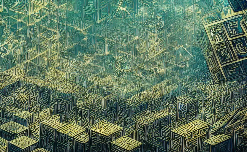 Prompt: interior of an elaborate labyrinth of runic cubes, endless intricate maze - like runes, sharp high detail anime background, masterpiece by satoshi kon, crystal cubism, greeble, tesseract, darksynth, high definition