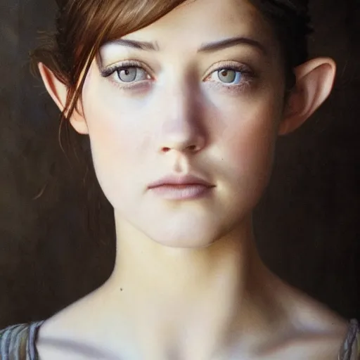 Image similar to a masterpiece portrait photo of a beautiful young woman who looks like an elvish mary elizabeth winstead, symmetrical face