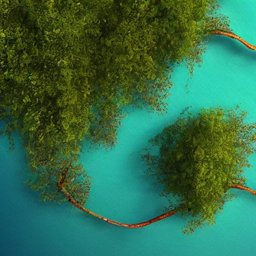 Prompt: Mangrove swamp tangled mangrove roots, aerial view, close up. Matte painting, simple cartoon style, game asset