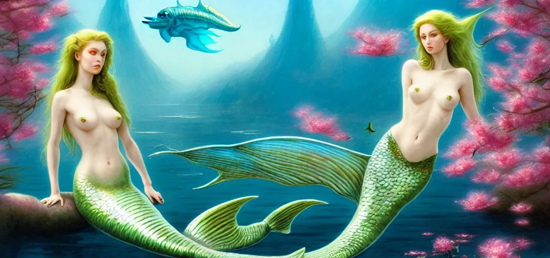 Prompt: photo of a beautiful mermaid and alien fish in the style of roger dean, realistic, sharp focus, 8 k high definition, insanely detailed, intricate, elegant, art by greg rutkowski and artgerm, extreme blur cherry blossoms background