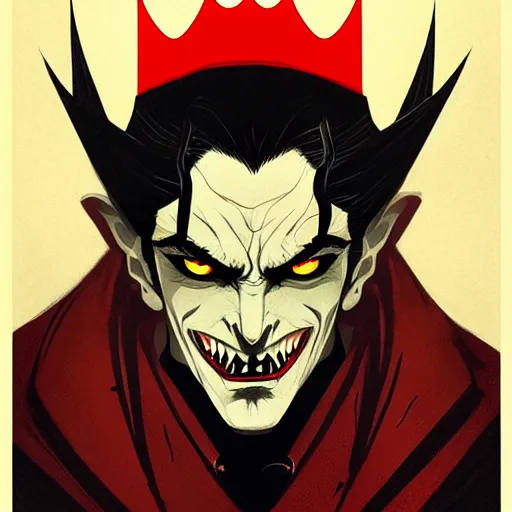 Image similar to handsome vampire king with crown and fangs, symmetrical face, evil, portrait, cinematic, dramatic, powerful, super detailed and intricate, by koson ohara, by darwyn cooke, by greg rutkowski, by satoshi kon