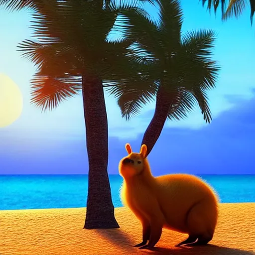 Prompt: “two best friend capybara and bunny with black spots on face and nose, on a beach with blue water and white sand, swaying palms, photorealistic render, colorful sunset, unreal engine 5, dynamic lighting, trending on artstation,”