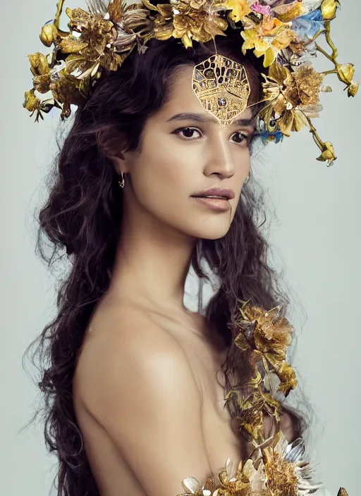 Prompt: oil on canvas portrait of Adria Arjona as an ethereal beauty with an abundant orchid floral crown, royal dress made of intricate golden and silver geometrical patterns, zenithal lighting, photo studio composition, by Alina Ivanchenko and Hirothropologie and Patrick DeMarchelier .