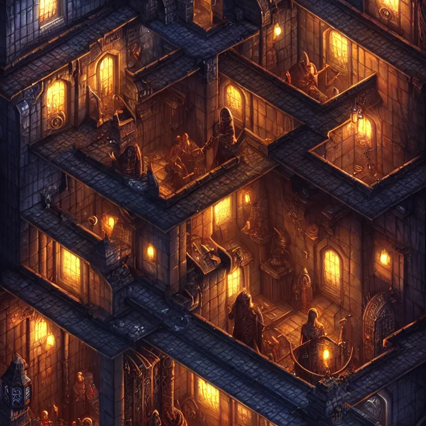 Image similar to isometric game area of a dark city from baldur's gate, game art, intricate details, ultra realistic, by art germ, by gerald brom, fantasypunk, amazing d & d art, trending cgsociety, artstation, sharp