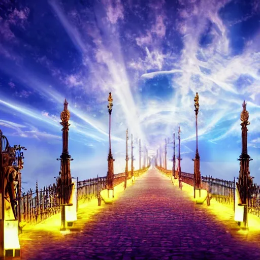 Prompt: l a long path to the gates of heaven with glowing clouds, illuminated background with streets made of gold & architecture made of crystal, photrealism, 4 k.