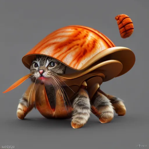 Prompt: a cat hermit crab animal mashup, cat x hermit crab, digital art, deviantart, artstation, octane render